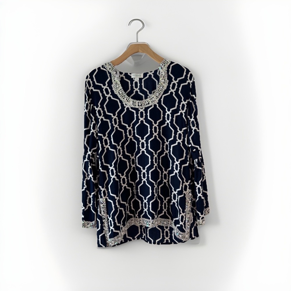 Escapada Tunic Top Womens M Navy White Beaded Sequin‎ Boho Geometric Rayon